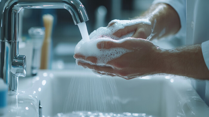 Vand opvarmes til håndvask ved hjælp af varmegenvinding fra en kompressor.